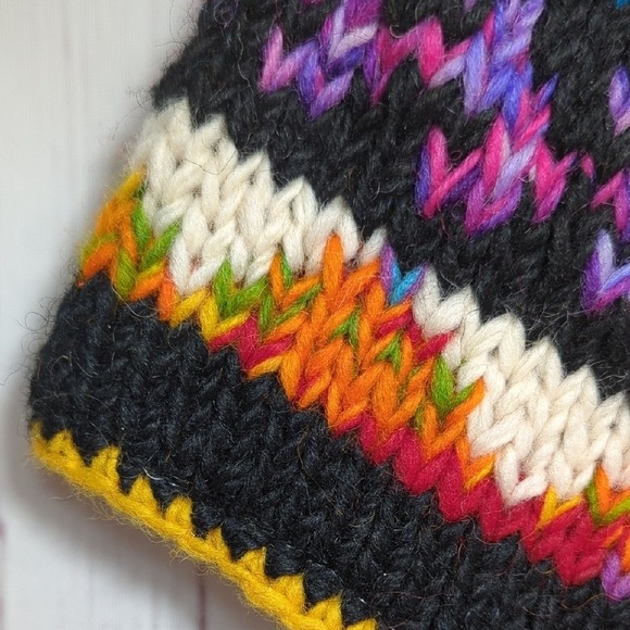 Colorful Knit Wool Chullo Peruvian Beanie Earflap Hat Made in Nepal Braided Ties main image 11